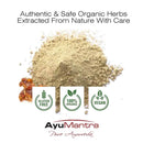 Organic herbs with AyuMantra branding and certification logos on a white background
