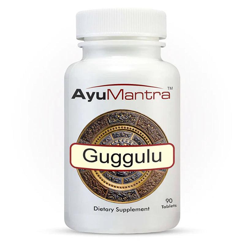 Front-facing AyuMantra Guggulu tablets bottle on a plain white background.