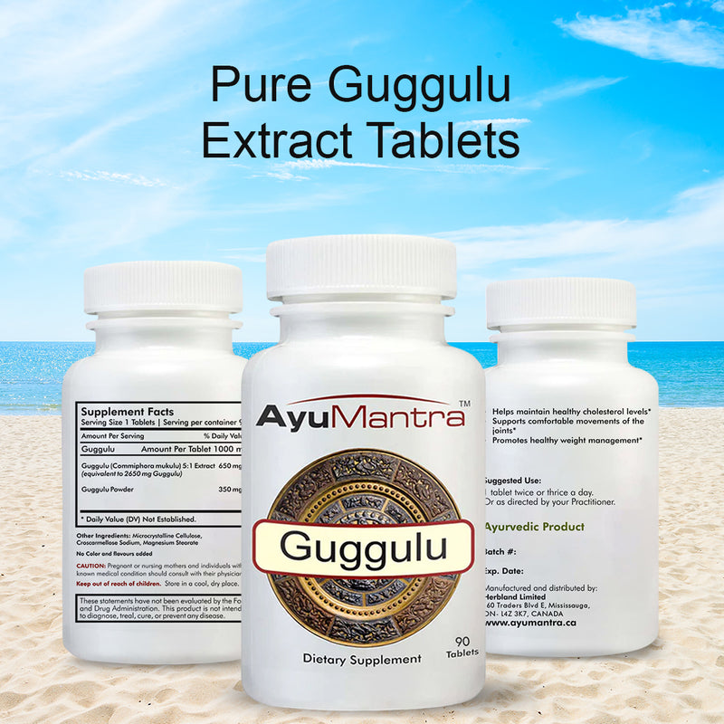 Front-facing AyuMantra Guggulu dietary supplement bottle isolated on a white background.