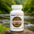 AyuMantra Guggulu dietary supplement bottle on a rock with a natural background.
