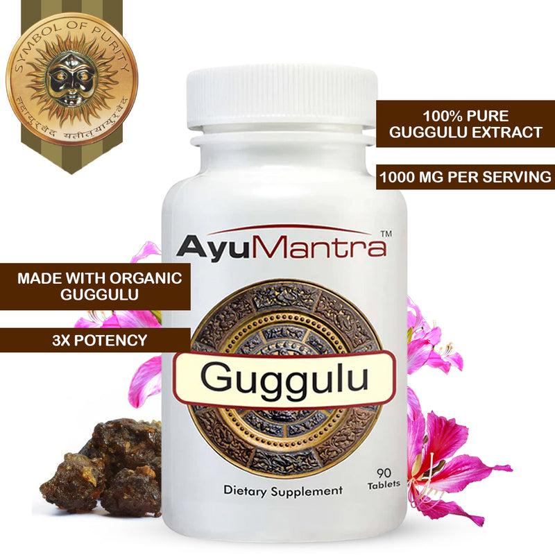 Guggulu tablets bottle with guggul resin, flower elements, and labels showing organic extract and 1000 mg potency.