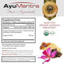 Supplement facts of Guggulu tablets showing ingredient breakdown and organic certification.