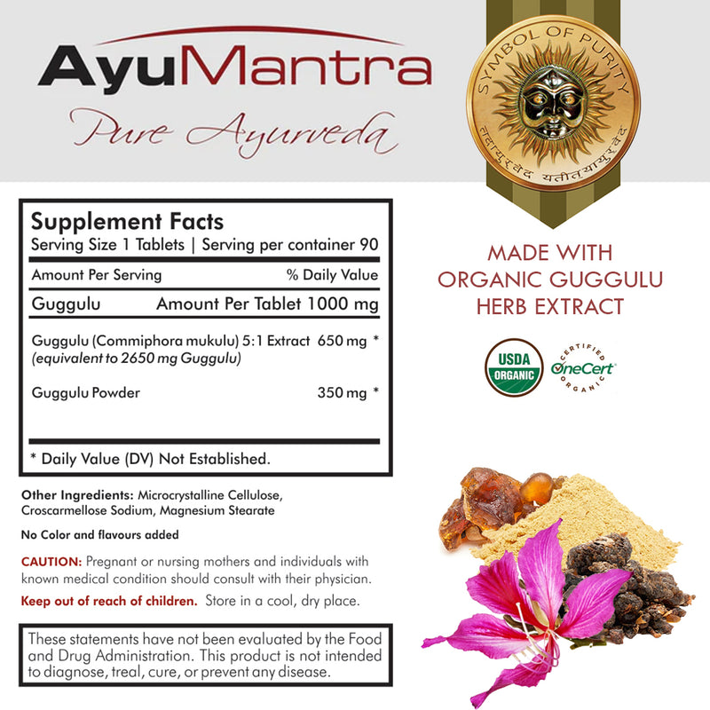 Supplement facts of Guggulu tablets showing ingredient breakdown and organic certification.