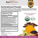 AyuMantra Haridrakhand Powder packaging with supplement facts, USDA Organic certification, and product images.