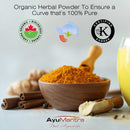 Organic herbal powder in a wooden bowl with certification logos and a glass of juice on a light background.