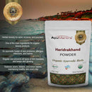 AyuMantra Haridrakhand Powder package with scenic background