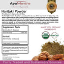 AyuMantra Haritaki Powder label with supplement facts and product details.
