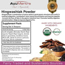 AyuMantra Hingwashtak Powder packaging with ingredients and certification logos.