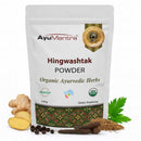AyuMantra Hingwashtak Powder packaging with ingredients on a white background