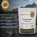 AyuMantra Hingwashtak Powder package with mountainous background