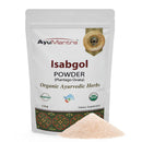 AyuMantra Isabgol Powder packaging with visible powder on a white background