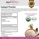 Ayurvedic isabgol powder packaging with supplement facts and organic certification logos.