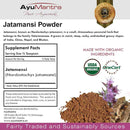 Label for AyuMantra Jatamansi Powder with supplement facts and organic certification logos.