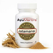AyuMantra Jatamansi dietary supplement bottle with jatamansi root and powder on a white background