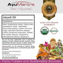 AyuMantra Jatyadi Oil label with ingredients list, organic certification logos, and product images.