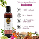 Ayurvedic oil bottle with natural ingredients and benefits on a white background