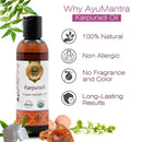 AyuMantra Karpuradi oil bottle with product features on a white background