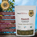 AyuMantra Kaunch Powder packaging with product details and branding on a natural background.