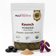 AyuMantra Kaunch Powder packaging with herbs and powder on a white background