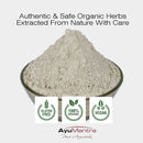 Bowl of organic powder with AyuMantra branding and certification logos on a white background