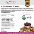 Ayurvedic Kolakulathadi Powder packaging with supplement facts and organic certification logos.