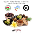 Organic herbal powder with certification logos and AyuMantra branding on a white background