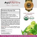 Ayumantra Krishna Kuntal Oil ingredients panel showing bhringraj brahmi amla neem and tulsi