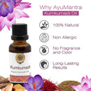 Ayumantra Kumkumadi Oil benefits graphic showing natural, non-allergic, long-lasting skincare.


