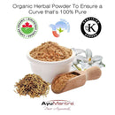 Organic herbal powder in a bowl with a wooden scoop, accompanied by dried herbs and a flower, on a white background with certification logos.