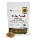 AyuMantra Kutaj Seed Powder packaging with herbs and a flower on a white background