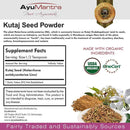 Ayurvedic Kutaj Seed Powder label with supplement facts, organic certification logos, and product image.