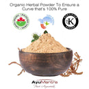 Organic herbal powder in a wooden bowl with certification logos and AyuMantra branding.