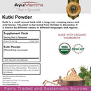 Ayurvedic Kutki Powder label with supplement facts, organic certification logos, and product image.