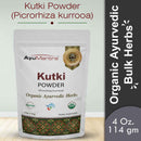 Package of AyuMantra Kutki Powder with branding and product details on a light green background