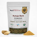 AyuMantra Kutuja Bark Powder packaging with herbs and powder on a white background
