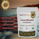 AyuMantra Lavan Bhaskar Powder packaging with scenic background