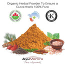 Organic herbal powder with certification logos and AyuMantra branding on a white background