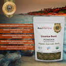 AyuMantra Licorice Root Powder packaging with scenic background