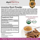 AyuMantra licorice root powder packaging with text and images of powder and roots.