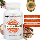 AyuMantra Licorice Root supplement bottle with licorice roots and product details on a white background