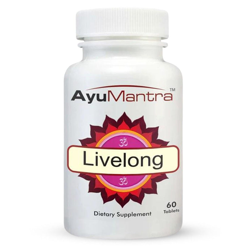 AyuMantra Livelong dietary supplement bottle on a white background
