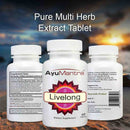 AyuMantra Livelong dietary supplement bottles with a scenic background