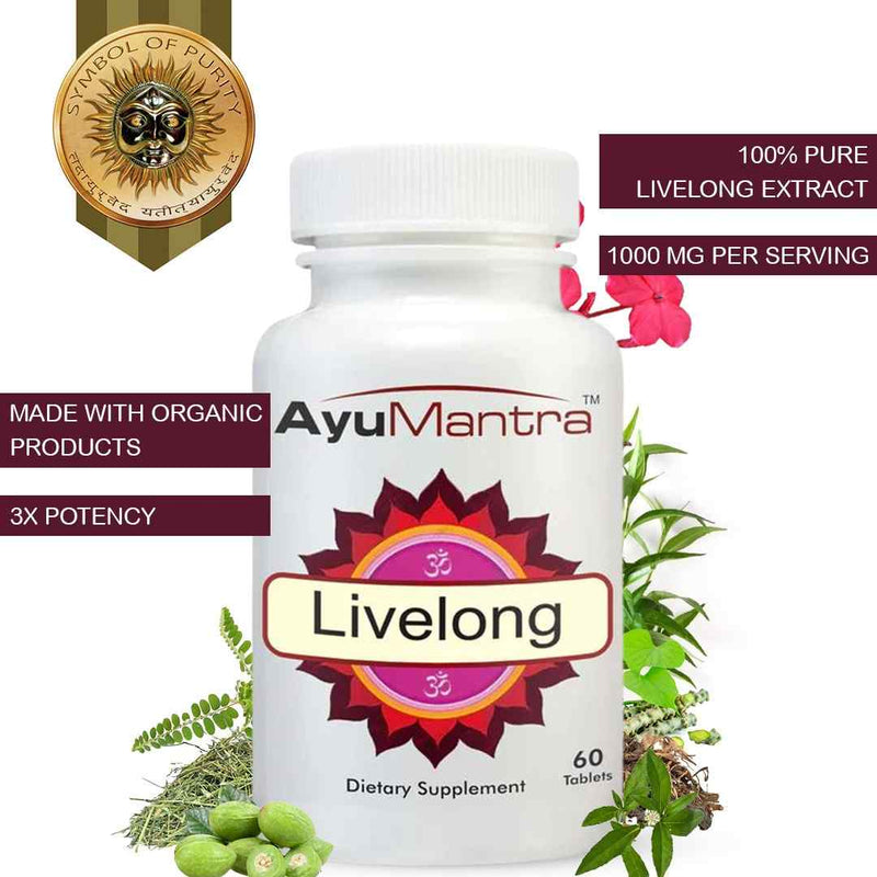 AyuMantra Livelong dietary supplement bottle with herbs and certification emblem on a white background