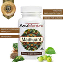 AyuMantra Madhuant supplement bottle with packaging details on a white background