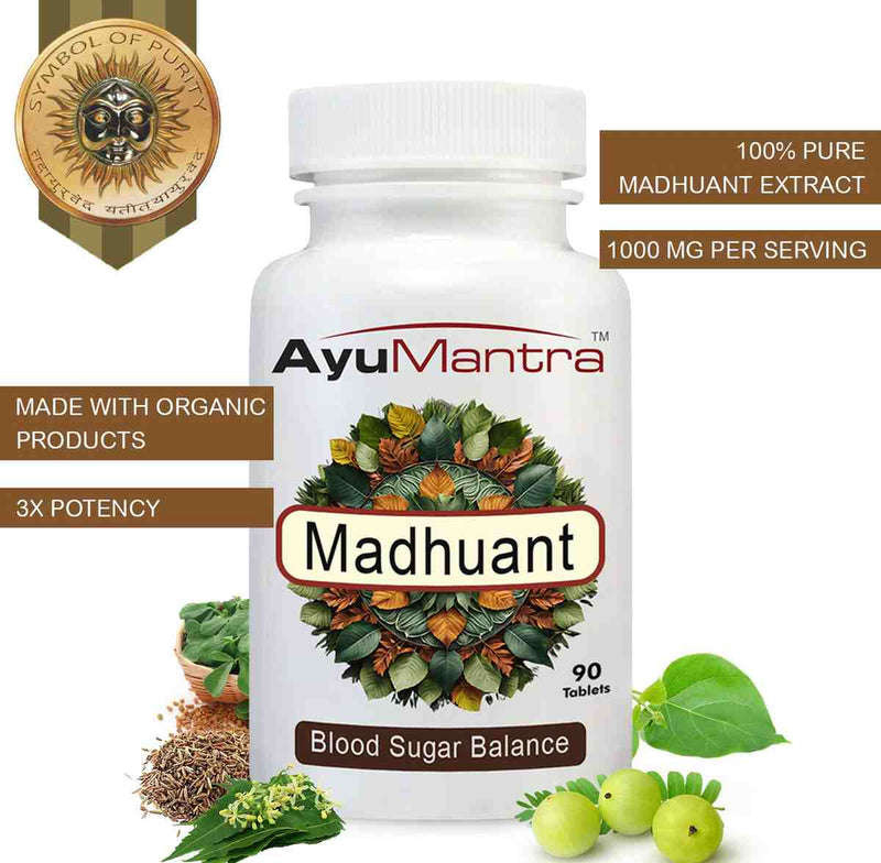 AyuMantra Madhuant supplement bottle with packaging details on a white background