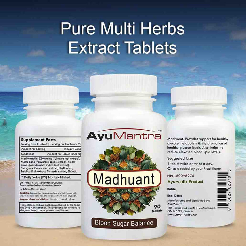 AyuMantra Madhuant Pure Multi Herbs Extract Tablets with a beach background