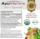 AyuMantra Pure Ayurveda supplement label with ingredients and certification logos.