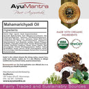AyuMantra Mahamarichyadi Oil packaging with ingredients list, USDA Organic certification, and Ayurvedic symbols.