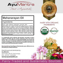 AyuMantra Maharanarayan Oil packaging with ingredients list, USDA Organic certification, and natural product imagery.