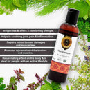 Bottle of Maharanayan Ayurvedic Oil with text about its benefits on a white background with green leaves.